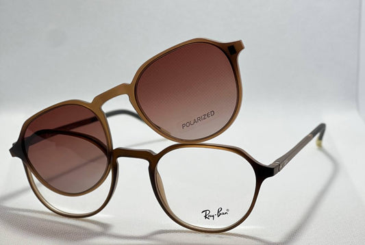Brown round ReyBan clip on sunglasses